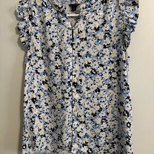 Ann Taylor | Blue and Yellow Floral Ruffle Sleeve Top